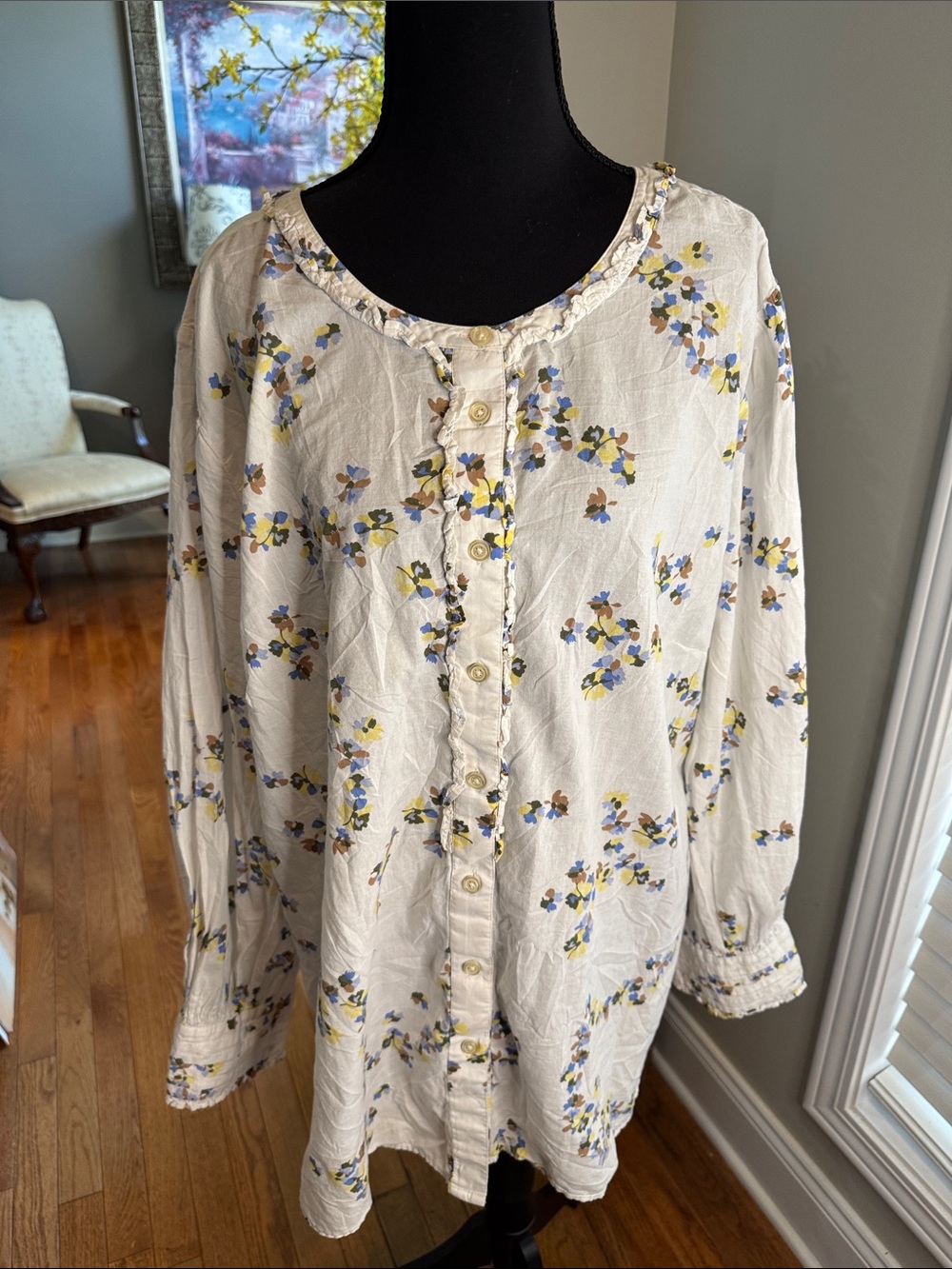 Talbots Cream Floral Button-Front Blouse with Blue & Yellow Accents NWOT